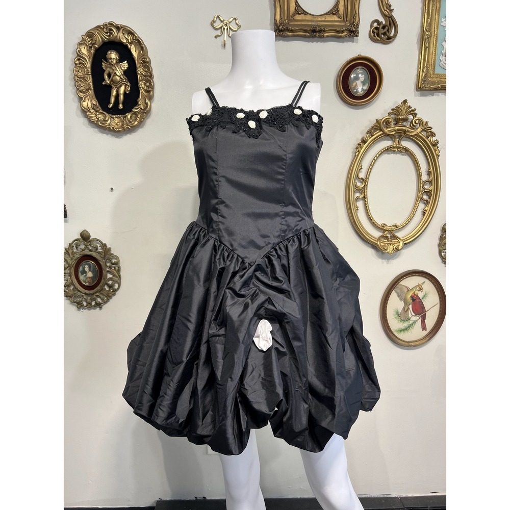 Vintage 80s 90s Black Bubble Hem Cocktail Mini Dress White Rose Beaded XXS